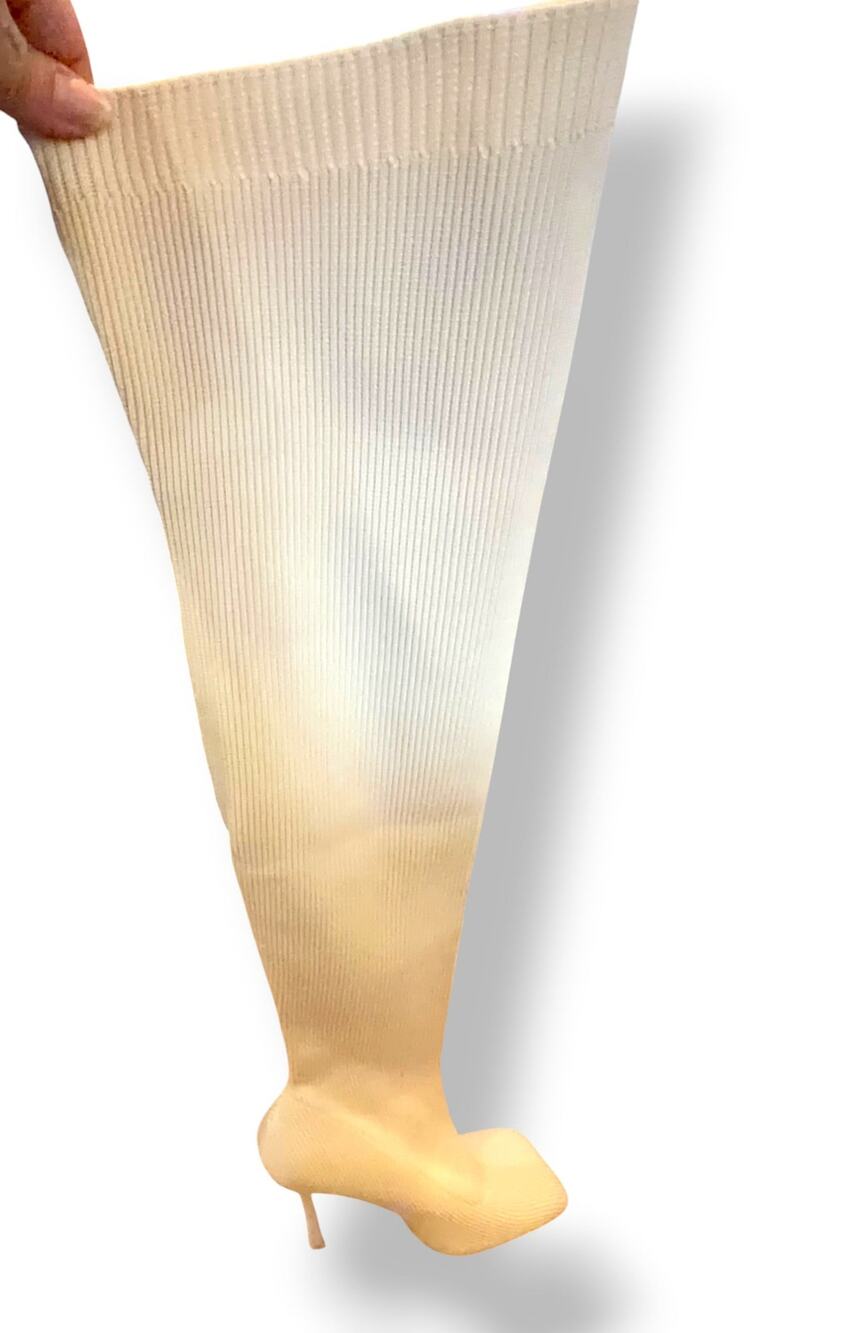 Cream Ribbed Knit Thigh High Boots Square Toe Stiletto Heel Size 9